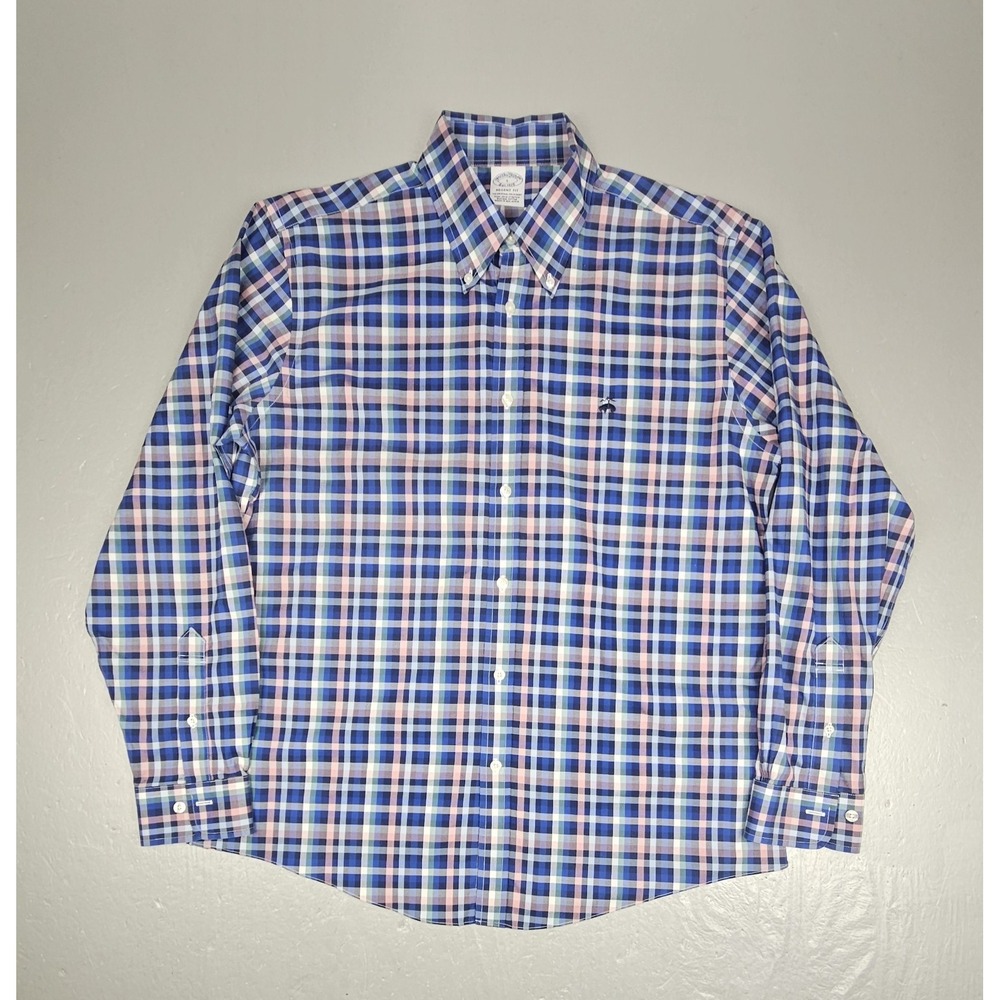 Brooks Brothers Button Down Shirt Mens Large Regent Fit Blue Pink Plaid Casual